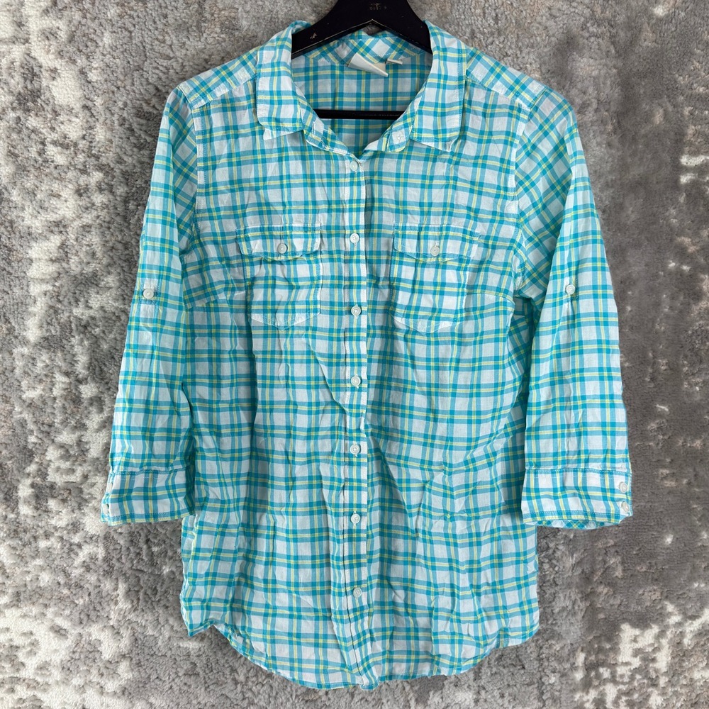 St. John's Bay Size M Plaid Button Down Shirt Blue 3/4 Sleeve Women